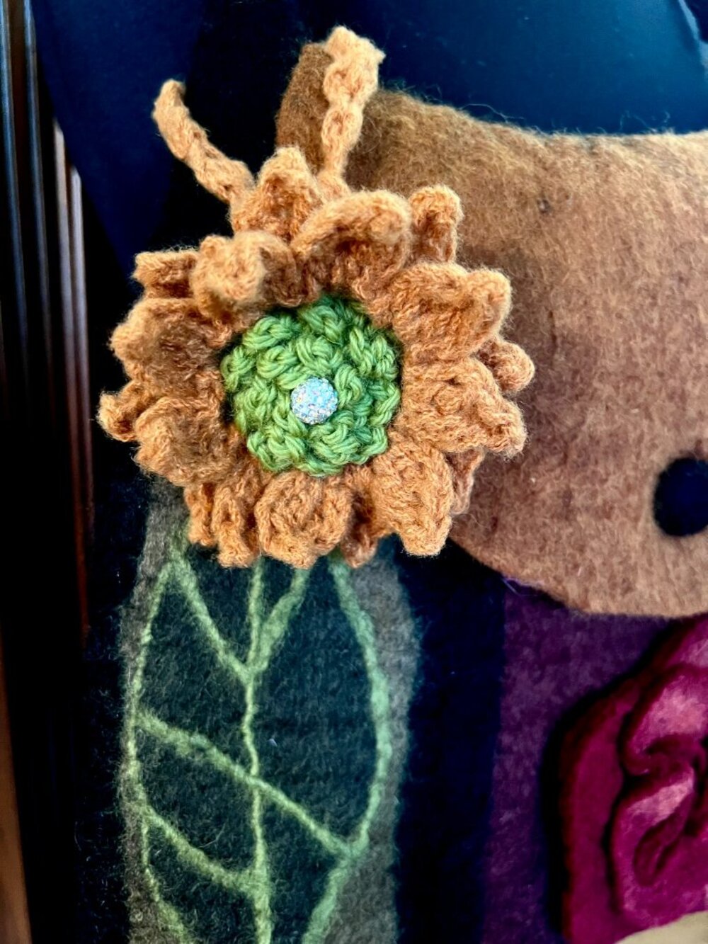 SUNFLOWER BROOCH/BAG CHARM~Golden & Green Color Yarn~with Keychain Attachment